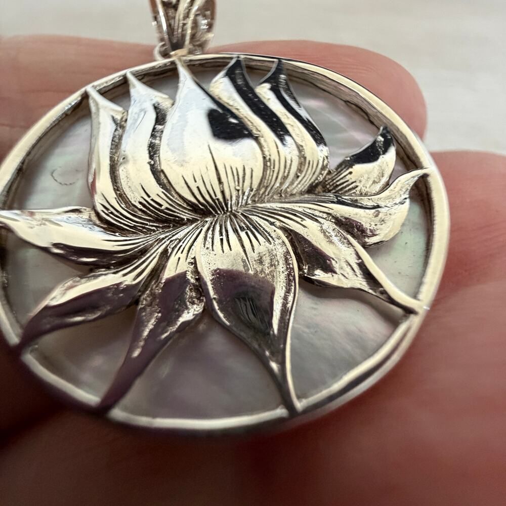 Sterling Silver Lotus Medallion Pendant- Mother of Pearl Shell - Picture 4 of 7